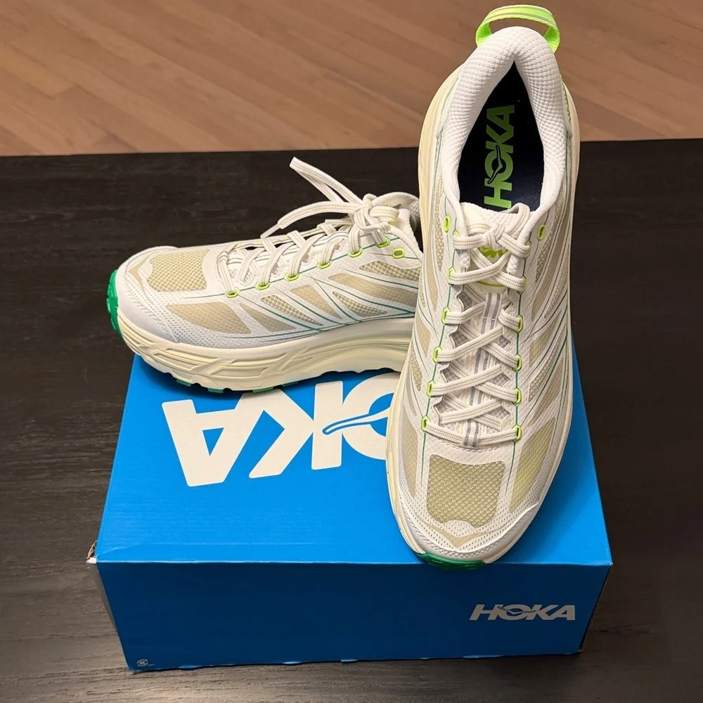 Hoka White and Lime Athletic Shoes. U Mafate Speed 2 -Megagrip